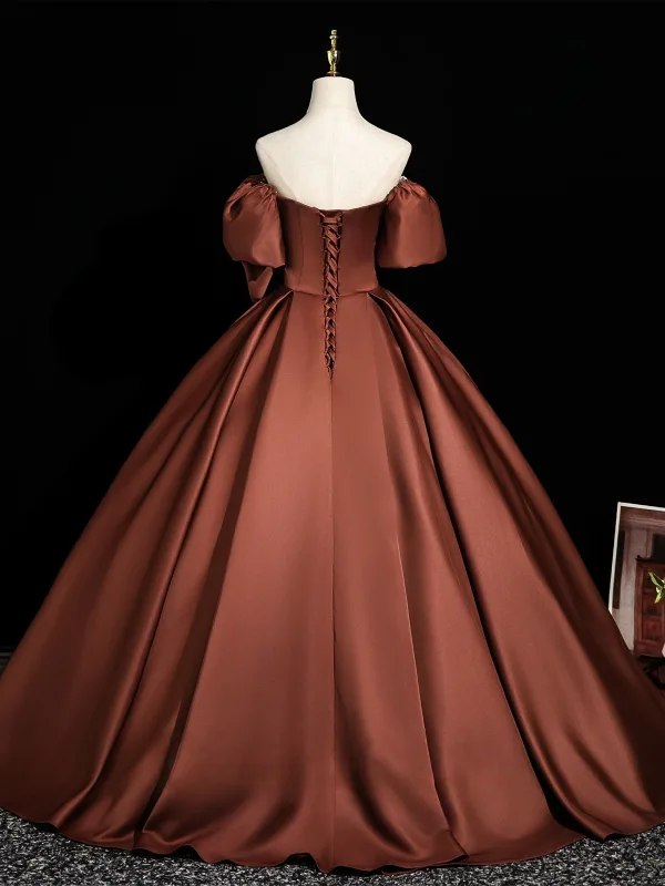 Vintage / Retro Brown Bow Satin Prom Dresses Ball Gown 2025 Off-The-Shoulder Short Sleeve Backless Floor-Length / Long Formal Dresses