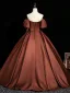 Vintage / Retro Brown Bow Satin Prom Dresses Ball Gown 2025 Off-The-Shoulder Short Sleeve Backless Floor-Length / Long Formal Dresses