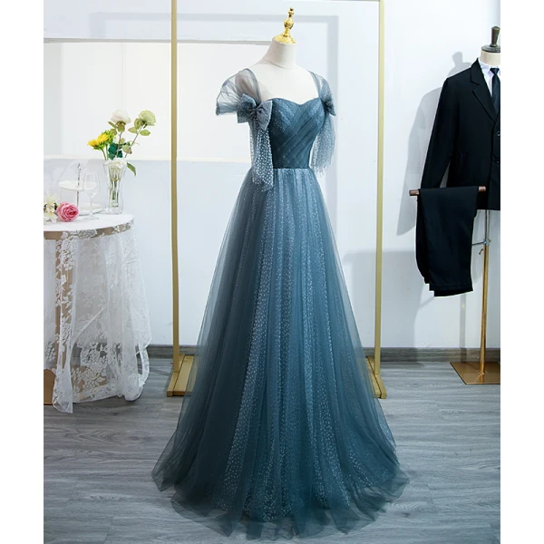 Chic / Beautiful Ink Blue Prom Dresses 2022 A-Line / Princess Off-The-Shoulder Puffy Short Sleeve Backless Bow Floor-Length / Long Formal Dresses