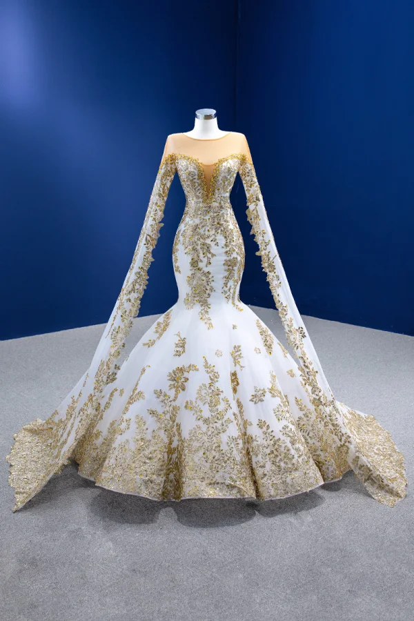 Luxury / Gorgeous High-end Gold Beading Rhinestone Sequins Wedding Dresses 2022 Trumpet / Mermaid Scoop Neck Long Sleeve Floor-Length / Long Wedding