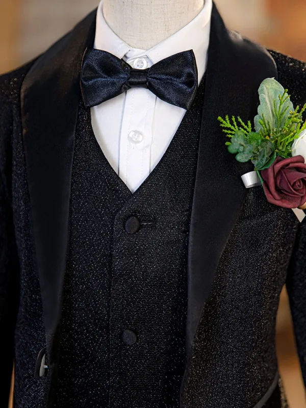 Schwarz 6 Stück Lange Ärmel Hochzeit Anzüge Jungs 2024 Schulterschmuck Mantel Hose Hemd Krawatte Weste