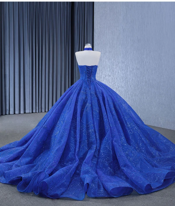 High-end Ocean Blue Handmade  Beading Pearl Sequins Lace Flower Chapel Train Prom Dresses 2024 Ball Gown Halter Sleeveless Backless Prom