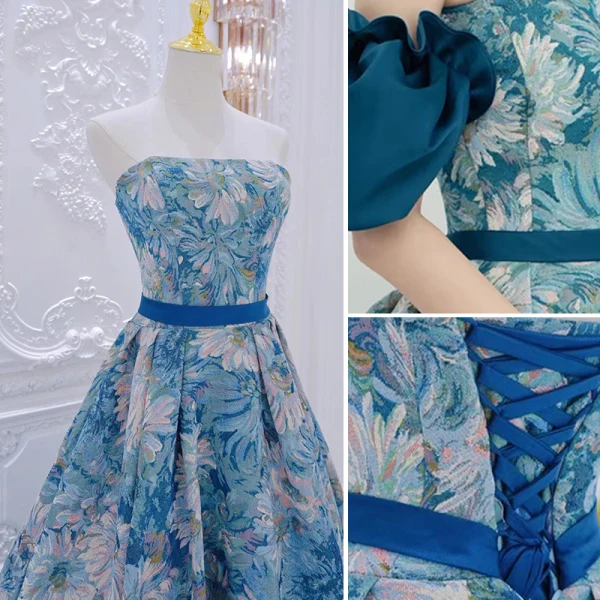 Blumenfee Blau Drucken Ballkleider 2022 A Linie Bandeau Ärmellos Rückenfreies Stoffgürtel Lange Festliche Kleider