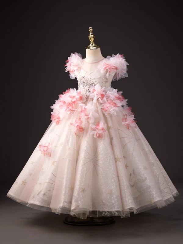 Chic / Beautiful Blushing Pink Beading Pearl Appliques Birthday Flower Girl Dresses 2023 Ball Gown Scoop Neck Short Sleeve Backless Floor-Length / Long