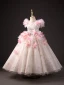 Chic / Beautiful Blushing Pink Beading Pearl Appliques Birthday Flower Girl Dresses 2023 Ball Gown Scoop Neck Short Sleeve Backless Floor-Length / Long