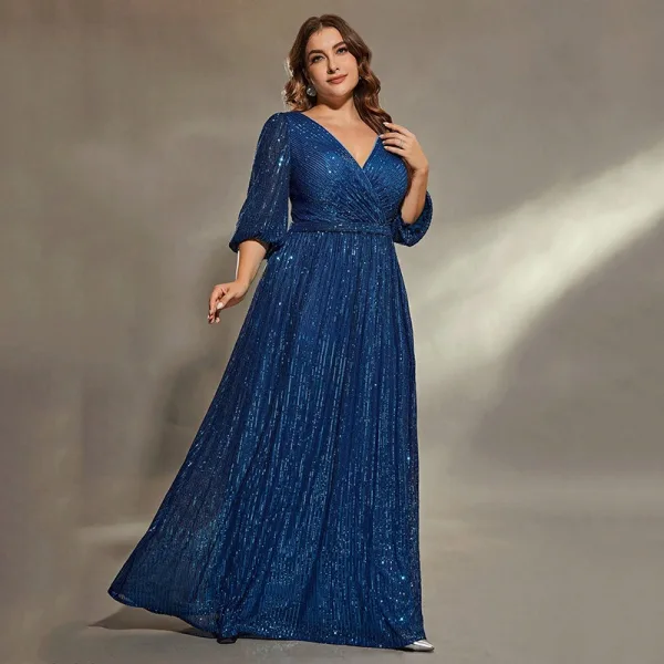 Sparkly Navy Blue Sequins Plus Size Evening Dresses 2025 A-Line / Princess V-Neck 3/4 Sleeve Floor-Length / Long Evening Party Formal Dresses