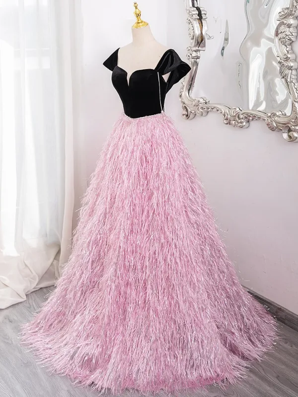 Chic / Beautiful Candy Pink Tassel Prom Dresses 2024 Ball Gown Square Neckline Short Sleeve Backless Floor-Length / Long Prom Formal Dresses