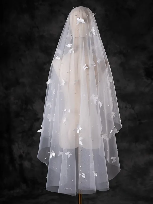 Charmant Blanche Fait main Perle Papillon Tulle Voile De Mariée 2025