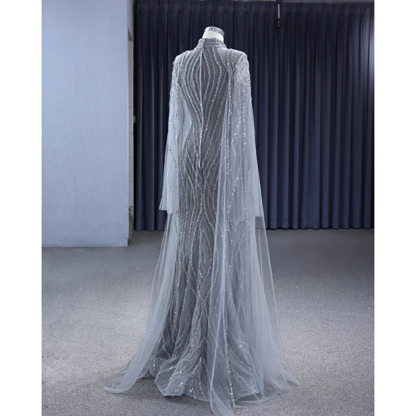 High-end Grey Handmade  Beading Sequins Evening Dresses 2023 Trumpet / Mermaid High Neck Long Sleeve Floor-Length / Long Evening Party Formal Dresses