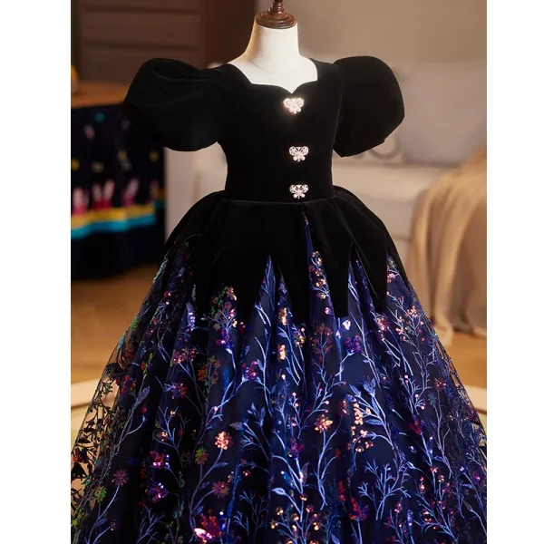 Vintage / Retro Black Sequins Lace Flower Birthday Flower Girl Dresses 2025 Ball Gown Square Neckline Puffy Short Sleeve Backless Floor-Length / Long
