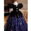Vintage / Retro Black Sequins Lace Flower Birthday Flower Girl Dresses 2025 Ball Gown Square Neckline Puffy Short Sleeve Backless Floor-Length / Long