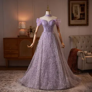 Enchanting Lavender Beading Rhinestone Sequins Tassel Prom Dresses 2026 Ball Gown Off The Shoulder Short Sleeve Backless Floor Length Long Formal Dresses