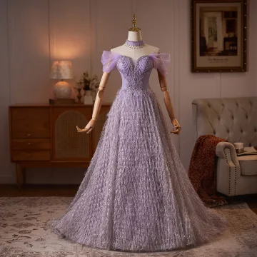 Betoverend Lavendel Kralen Rhinestone Pailletten Kwast Galajurken 2026 Baljurk Uit De Schouder Korte Mouwen Ruglooze Lange Gelegenheid Jurken