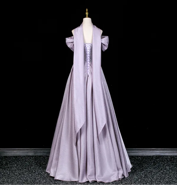 Lovely Lavender Rhinestone Prom Dresses 2026 A-Line / Princess Off-The-Shoulder Short Sleeve Backless Floor-Length / Long Formal Dresses