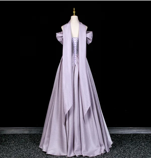 Charmant Lavendel Strass Pailletten Ballkleider 2026 A Linie Off Shoulder Kurze Ärmel Rückenfreies Lange Festliche Kleider