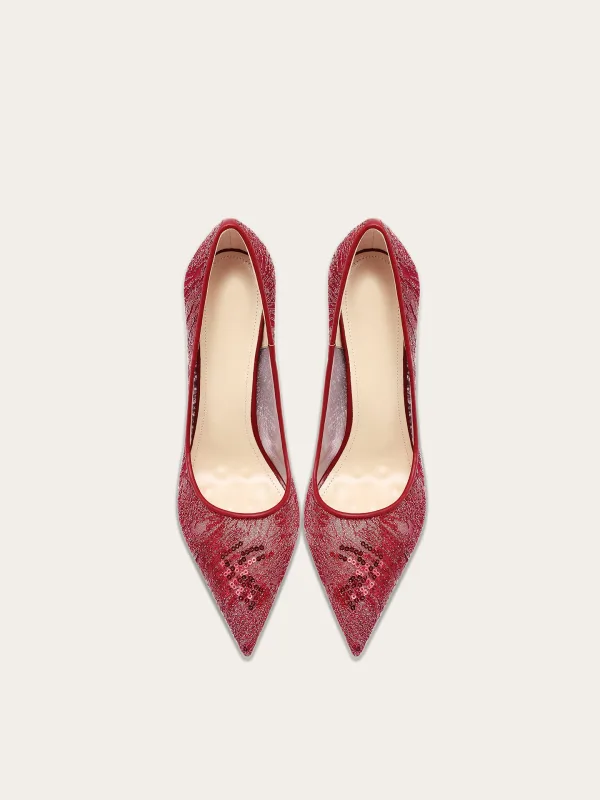 Charmant Bordeaux Avond Kanten Pailletten Pumps 2025 10 cm Naaldhakken / Stiletto Spitse Neus Pumps Hoge Hakken
