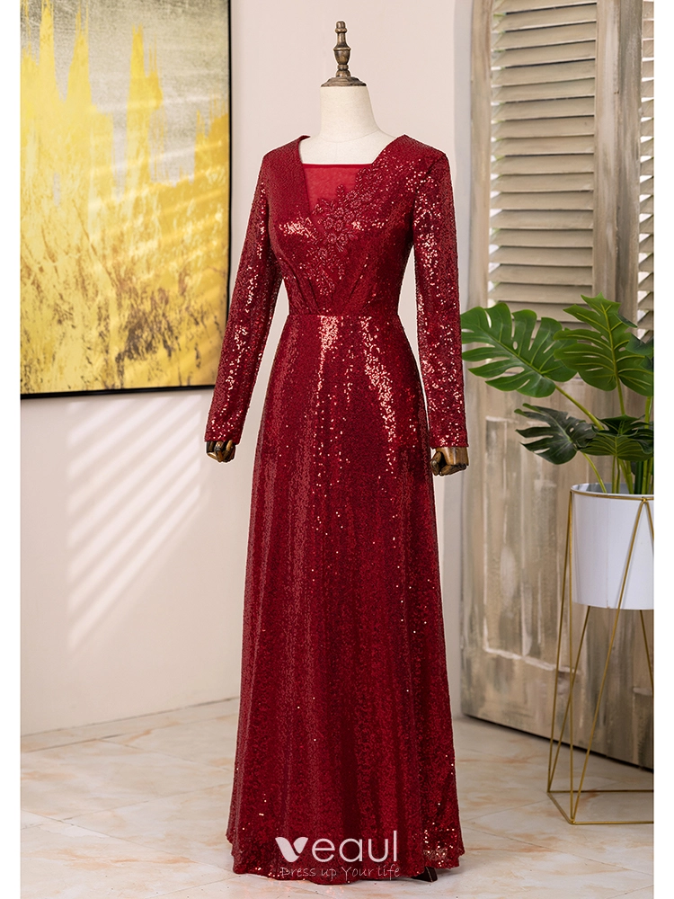 Sparkly Burgundy Sequins Prom Dresses 2024 A-Line / Princess Square Neckline Long Sleeve Floor-Length / Long Prom Formal Dresses Sparkly Burgundy Sequins Prom Dresses 2024 A-Line / Princess Square Neckline Long Sleeve Floor-Length / Long Prom Formal Dresses