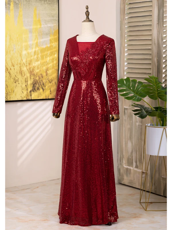 strapless open back dress Red Beaded Sparkly Tulle Long Sleeve Prom Dresses 2025 V-Neck Formal Gown 25064 Custom Colors / 26W main image 1