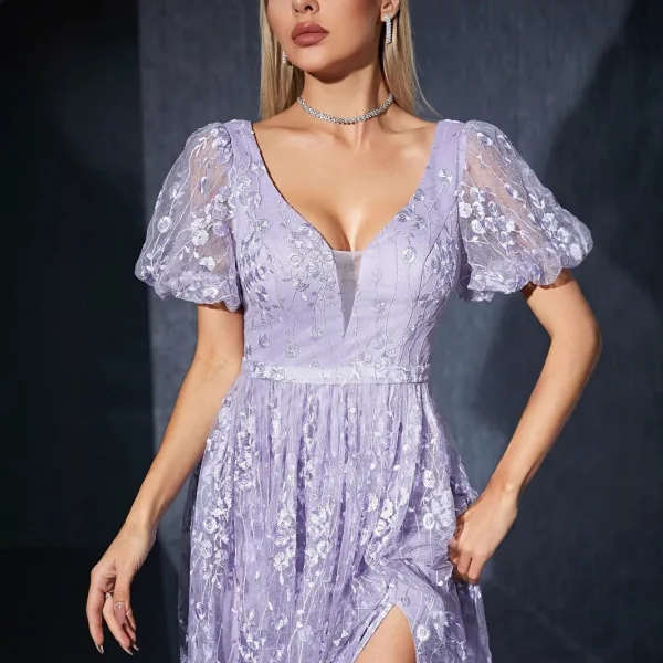 Chic / Belle Lavande En Dentelle Fleur Robe De Bal 2025 Princesse V-Cou Manches Courtes Dos Nu Longue Promo Robe De Ceremonie