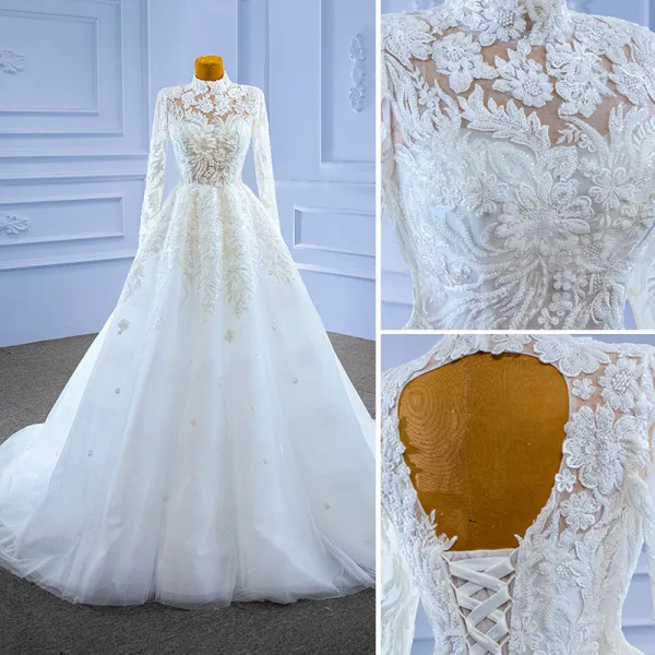 High-end White Beading Lace Flower Wedding Dresses 2022 Ball Gown High Neck Long Sleeve Backless Floor-Length / Long Wedding