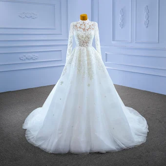 Haut De Gamme Blanche Perlage En Dentelle Fleur Robe De Mariée 2022 Robe Boule Col Haut Manches Longues Dos Nu Longue Mariage