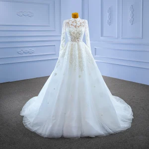 High End White Beading Lace Flower Wedding Dresses 2022 Ball Gown High Neck Long Sleeve Backless Floor Length Long Wedding