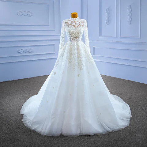 High-end White Beading Lace Flower Wedding Dresses 2022 Ball Gown High Neck Long Sleeve Backless Floor-Length / Long Wedding