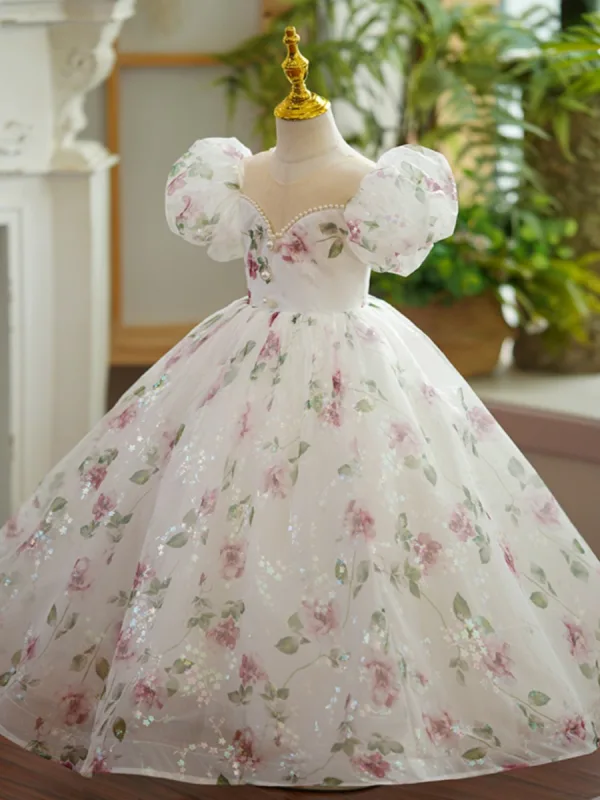 Flower Fairy White Star Sequins Printing Birthday Flower Girl Dresses 2023 Ball Gown Scoop Neck Puffy Short Sleeve Floor-Length / Long
