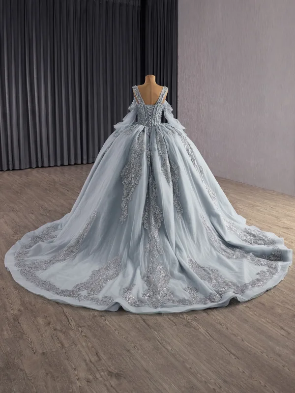 High-end Grey Beading Pearl Sequins Quinceañera Prom Dresses 2025 Ball Gown Square Neckline Short Sleeve Backless Court Train Formal Dresses