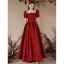 Elegant Burgundy Satin Prom Dresses 2023 A-Line / Princess Pearl Square Neckline Puffy Short Sleeve Backless Floor-Length / Long Prom Formal Dresses