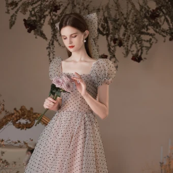 Chic Belle Rougissant Rose Tachetée Robe De Bal 2023 Princesse Encolure Carrée Manches Courtes Dos Nu Longue Promo Robe De Ceremonie