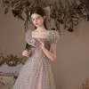 Chic / Belle Rougissant Rose Tachetée Robe De Bal 2023 Princesse Encolure Carrée Manches Courtes Dos Nu Longue Promo Robe De Ceremonie