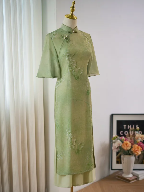 Chinese style Sage Green Printing Tea-length Cheongsam 2024 Trumpet / Mermaid High Neck Short Sleeve