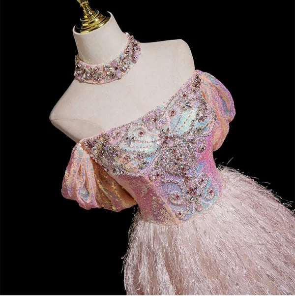 Charmant Rougissant Rose Perlage Faux Diamant Paillettes Gland Robe De Bal 2025 Princesse De l'épaule Sans Manches Dos Nu Longue Promo Robe De Ceremonie