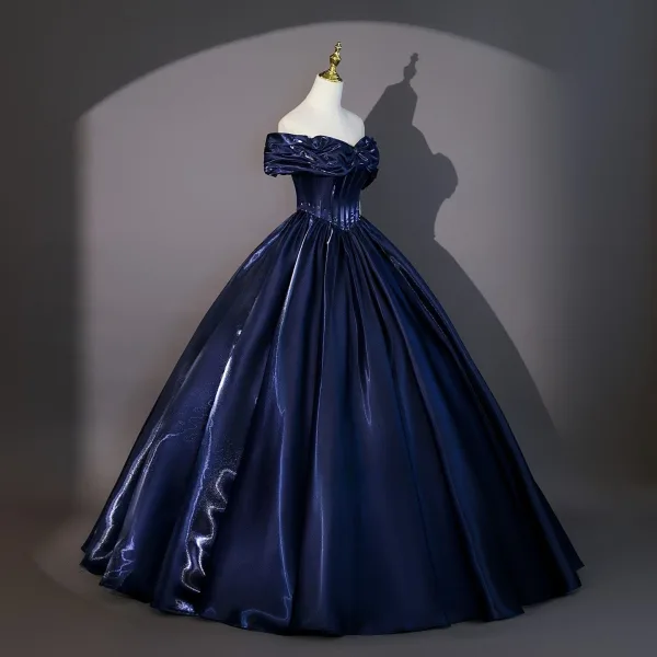 Vintage / Retro Navy Blue Prom Dresses 2026 Ball Gown Off-The-Shoulder Short Sleeve Backless Floor-Length / Long Formal Dresses