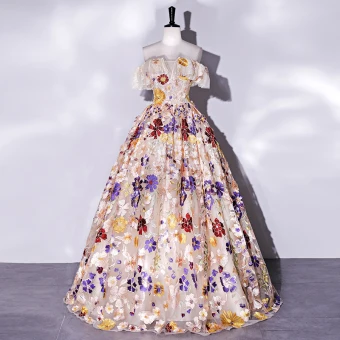 Fantaisie Champagne En Dentelle Fleur Robe De Bal 2022 Robe Boule De L Épaule Manches Courtes Dos Nu Longue Promo Robe De Ceremonie