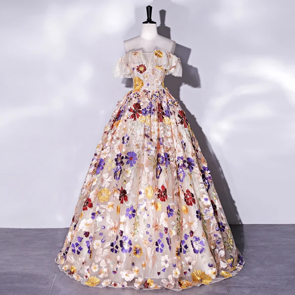 Fancy Champagne Lace Flower Prom Dresses 2022 Ball Gown Off-The-Shoulder Short Sleeve Backless Floor-Length / Long Prom Formal Dresses