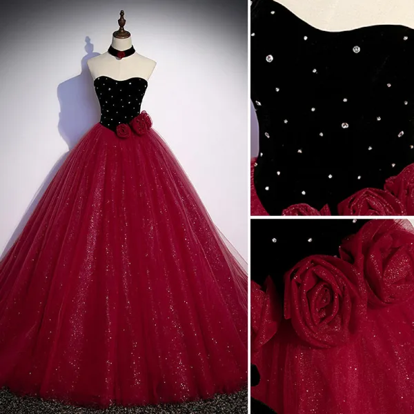Charmant Burgunderrot Pailletten Abendkleider 2022 Ballkleid Bandeau Ärmellos Rückenfreies Sweep / Pinsel Zug Abend Festliche Kleider