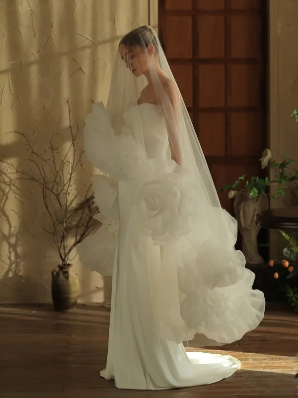 High-end White Handmade  Flower 3 m Wedding Veils 2025 Tulle