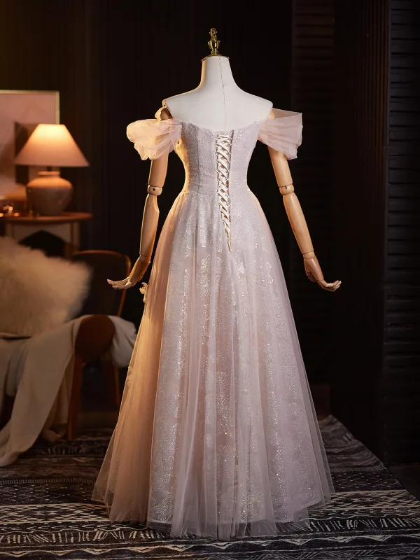 Schöne Rosa Perlenstickerei Applikationen Pailletten Ballkleider 2025 A Linie Off Shoulder Kurze Ärmel Rückenfreies Lange Ball Festliche Kleider