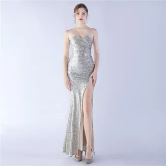 Sexy Silver Sequins Split Front Evening Dresses 2024 Trumpet Mermaid Strapless Sleeveless Backless Floor Length Long Evening Party Formal Dresses