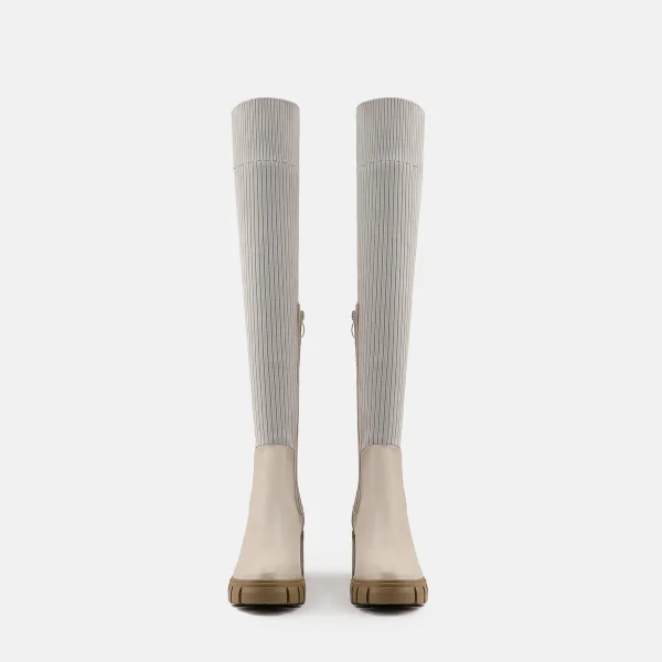 Fashion Beige Street Wear Winter Knitting Womens Boots 2023 6 cm Thick Heels Round Toe Boots