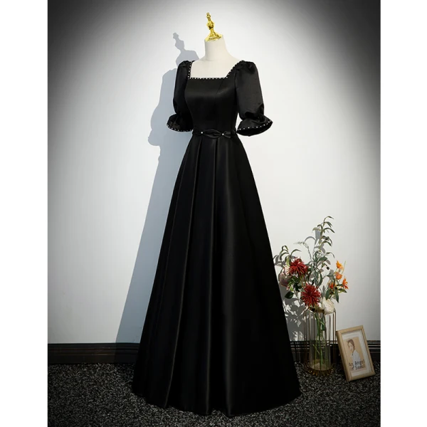Chic / Beautiful Black Pearl Satin Evening Dresses 2023 A-Line / Princess Square Neckline Short Sleeve Backless Floor-Length / Long Evening Party Formal Dresses