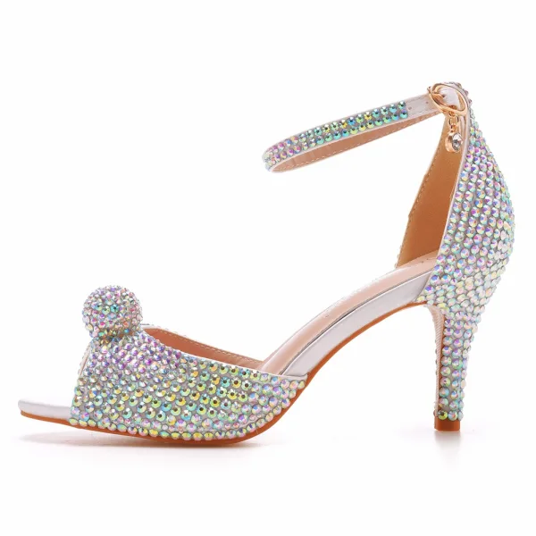 Sexy Multi-Couleurs Faux Diamant Soirée Sandales Femme 2023 Bride Cheville 7 cm Talons Aiguilles Peep Toes / Bout Ouvert Sandales Talons Hauts