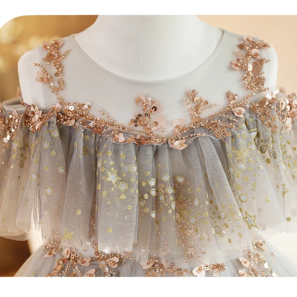 Charming Grey Beading Sequins Birthday Flower Girl Dresses 2023 Ball Gown Off-The-Shoulder Short Sleeve Backless Floor-Length / Long Flower Girl Dresses