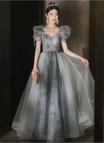 Chic Belle Gris Paillettes Robe De Bal 2026 Princesse V Cou Gonflée Manches Courtes Dos Nu Longue Robe De Ceremonie