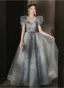 Chic / Beautiful Grey Sequins Prom Dresses 2026 A-Line / Princess V-Neck Puffy Short Sleeve Backless Floor-Length / Long Formal Dresses