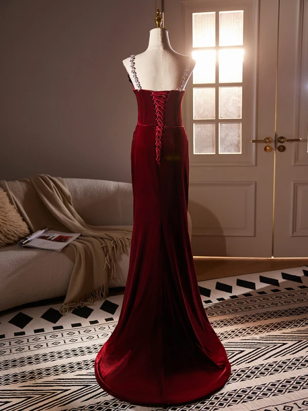 Chic / Beautiful Burgundy Flower Velvet Formal Dresses 2024 Trumpet / Mermaid Spaghetti Straps Sleeveless Backless Sweep Train Evening Party Evening Dresses
