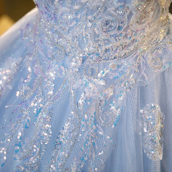 Chic / Beautiful Sky Blue Beading Sequins Prom Dresses 2023 Ball Gown Scoop Neck Puffy Short Sleeve Backless Floor-Length / Long Prom Formal Dresses