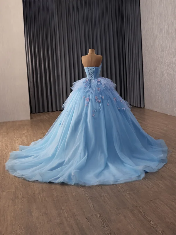Blumenfee Himmelblau Applikationen Perle Ballkleider 2026 Ballkleid Bandeau Ärmellos Rückenfreies Kapelle-Schleppe Festliche Kleider